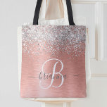 Rose Gold Brushed Metal Glitzer Monogram Name Tasche<br><div class="desc">Dieses trendige,  schicke Tote-Taschendesign mit hübschem silberglänzenden Glitzer auf einer Rose mit goldgebürstetem metallischem Hintergrund ist einfach zu personalisieren.</div>