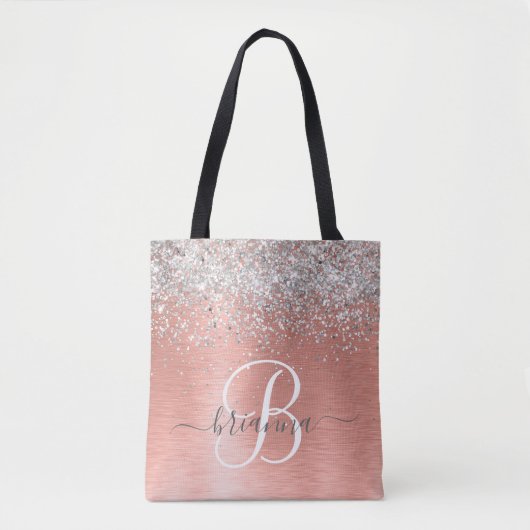 Rose Gold Brushed Metal Glitzer Monogram Name Tasche (Vorderseite)