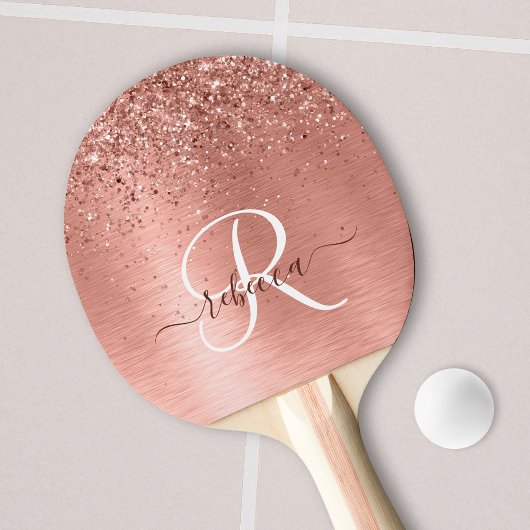 Rose Gold Brushed Metal Glitzer Monogram Name Tischtennis Schläger