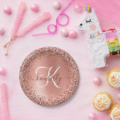 Rose Gold Brushed Metal Glitzer Monogramm Name Pap Pappteller (Party)