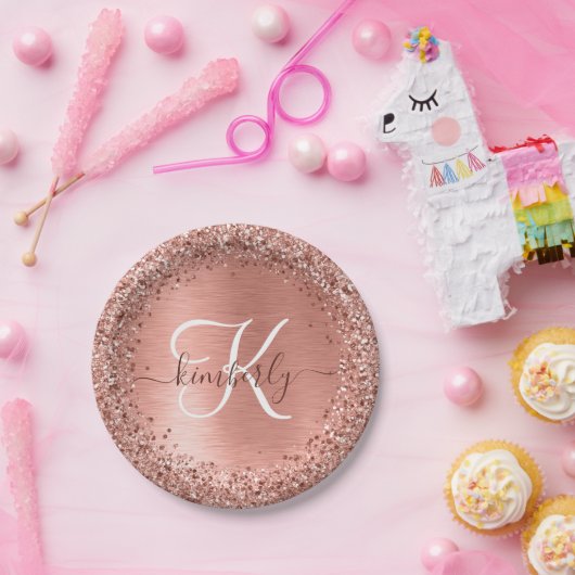 Rose Gold Brushed Metal Glitzer Monogramm Name Pap Pappteller (Party)