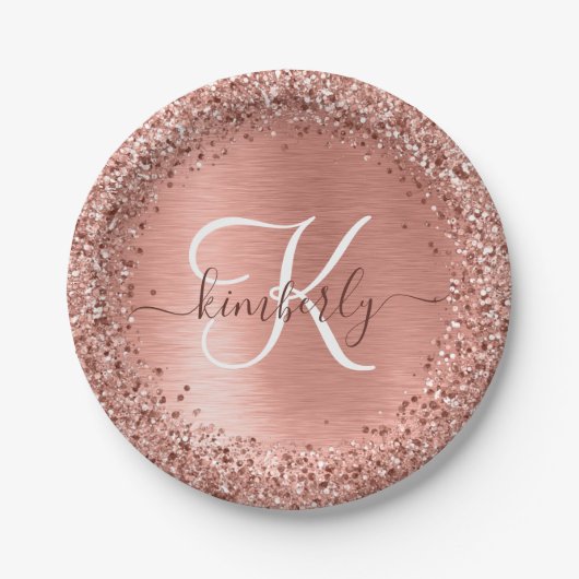 Rose Gold Brushed Metal Glitzer Monogramm Name Pap Pappteller (Vorderseite)