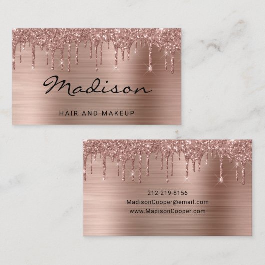 Rose Gold Brushed Metal Glitzer Tropfen Hair & Mak Visitenkarte (Vorne/Hinten)