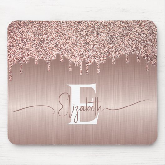 Rose Gold Brushed Metal Glitzer Tropfen Mit Monogr Mousepad (Vorne)