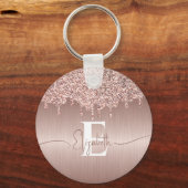 Rose Gold Brushed Metal Glitzer Tropfen Mit Monogr Schlüsselanhänger (Vorderseite)