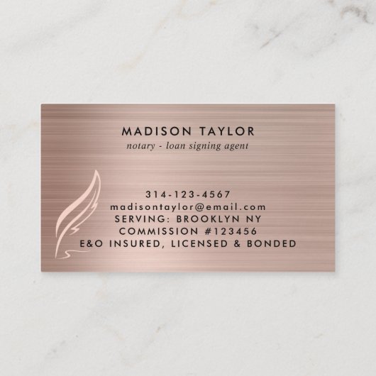 Rose Gold Brushed Metal Mobile Notar Agent Visitenkarte (Rückseite)