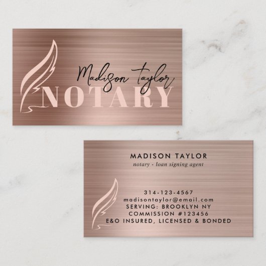 Rose Gold Brushed Metal Mobile Notar Agent Visitenkarte (Vorne/Hinten)