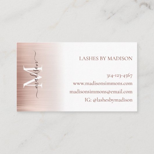 Rose Gold Brushed Metal Monogram Modern Script Visitenkarte (Rückseite)