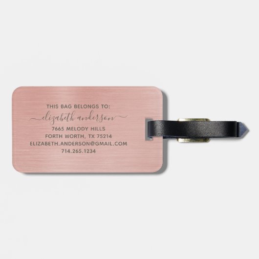 Rose Gold Brushed Metal Monogram Name Script Gepäckanhänger (Rückseite horizontal)
