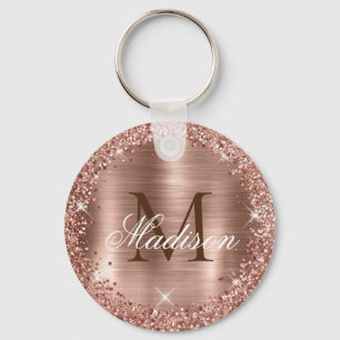 Rose Gold Brushed Metal Rose Gold Glitzer Monogram Schlüsselanhänger