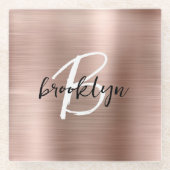 Rose Gold Brushed Metal Script Monogram Glasuntersetzer (Vorderseite)