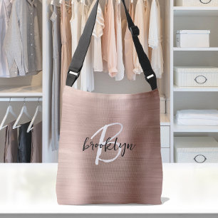 Rose Gold Brushed Metal Script Monogram Tragetaschen Mit Langen Trägern