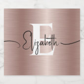 Rose Gold Brushed Metallic Girly Script Monogram Schaumweinetikett (Einzelnes Label)