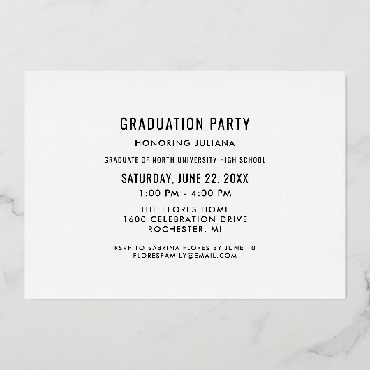 Rose Gold Brushed Script Foto Graduation Party Folieneinladung (Rückseite)