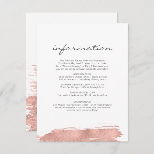 Rose Gold Brushstroke Bat Mitzvah Information Card Einladung (Vorne/Hinten)