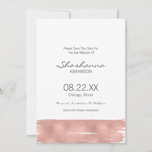 Rose Gold Brushstroke Bat Mitzvah Save the Date (Vorderseite)