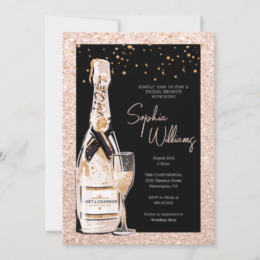 Rose Gold Bubbly Champagne Brautparty Einladung (Vorderseite)