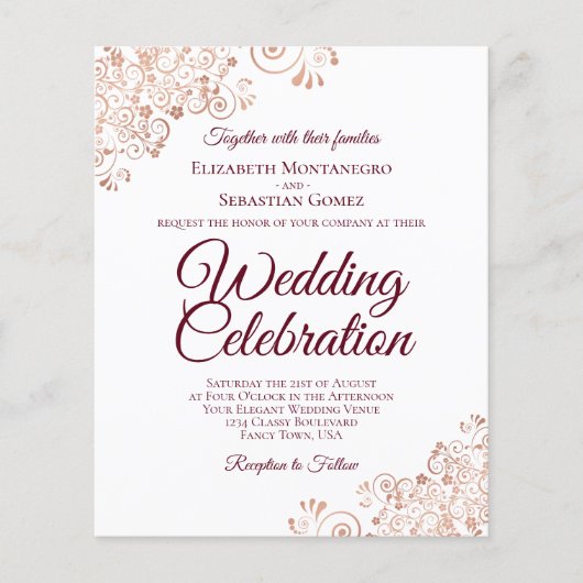 Rose Gold & Burgund HAUSHALT Hochzeit einladen (Vorderseite)