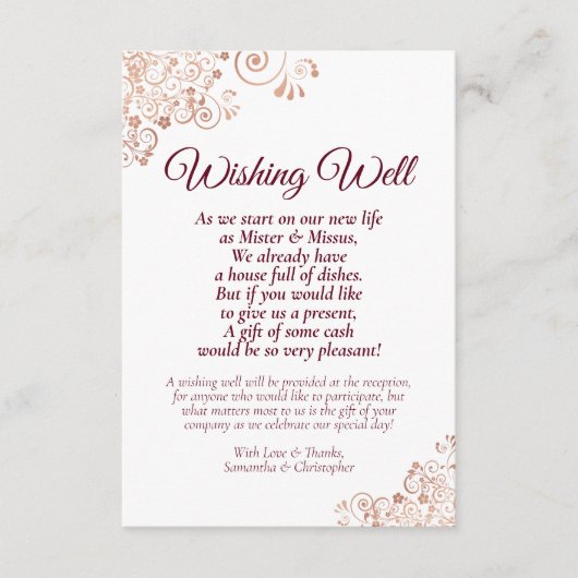 Rose Gold & Burgund Hochzeit wünschen gutes Gedich Begleitkarte (Vorderseite)