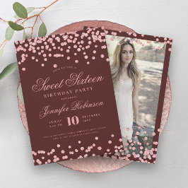 Rose Gold Burgundy Confetti Foto Sweet 16 Einladung