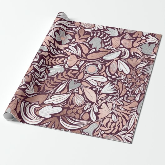 Rose Gold Burgundy Floral Illustration Geschenkpapier (Ungerollt)