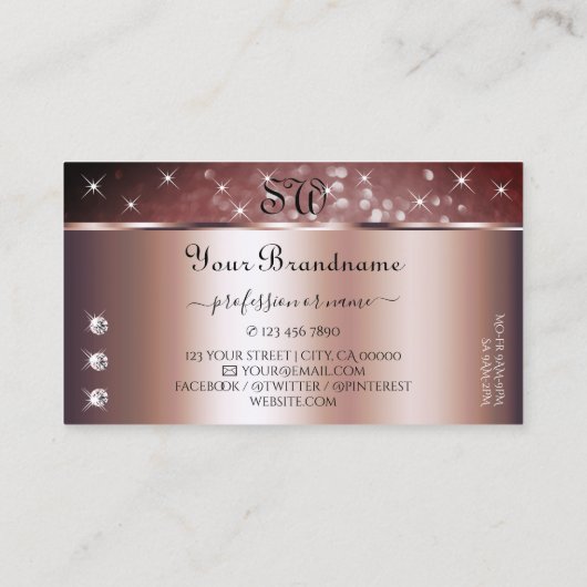 Rose Gold Burgundy Glitzer Sparkle Jewels Monogram Visitenkarte (Rückseite)