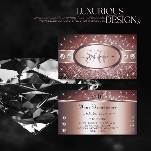 Rose Gold Burgundy Glitzer Sparkle Jewels Monogram Visitenkarte