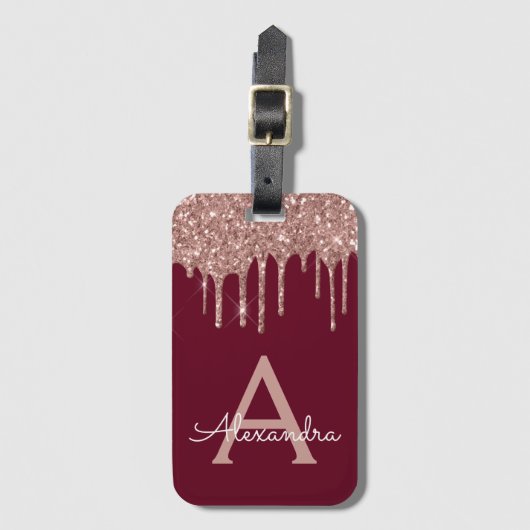 Rose Gold Burgundy Glitzer Sparkle Monogram Gepäckanhänger (Vorderseite Vertikal)