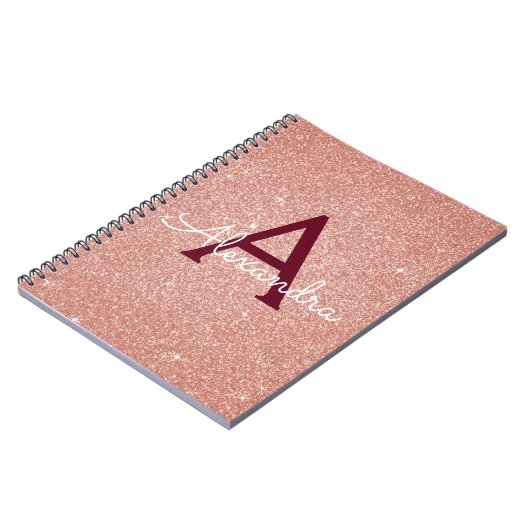 Rose Gold Burgundy Glitzer Sparkle Monogram Notizblock (Linke Seite)