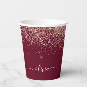 Rose Gold Burgundy Glitzer Sparkle Monogram Pappbecher