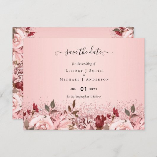 Rose Gold Burgundy Pink Floral Wedding Postkarte (Vorne/Hinten)