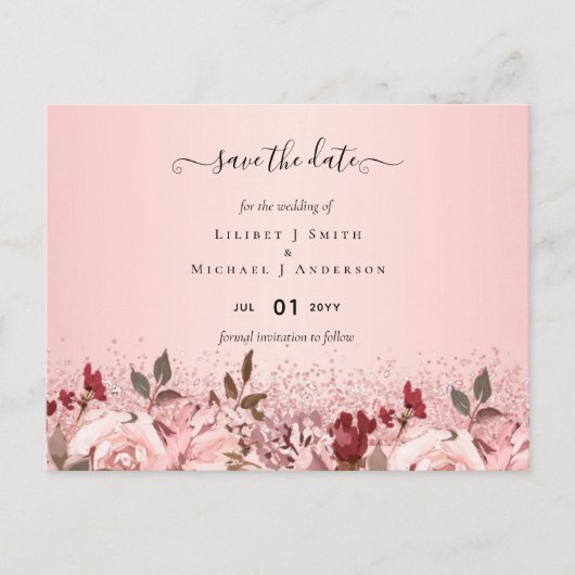 Rose Gold Burgundy Pink Floral Wedding Postkarte (Vorderseite)