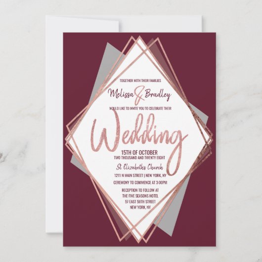Rose Gold Burgundy Red Gray Geometric Wedding Einladung (Vorderseite)