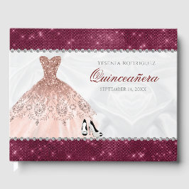 Rose Gold Burgundy Sparkle Glam Quinceañera Gästebuch