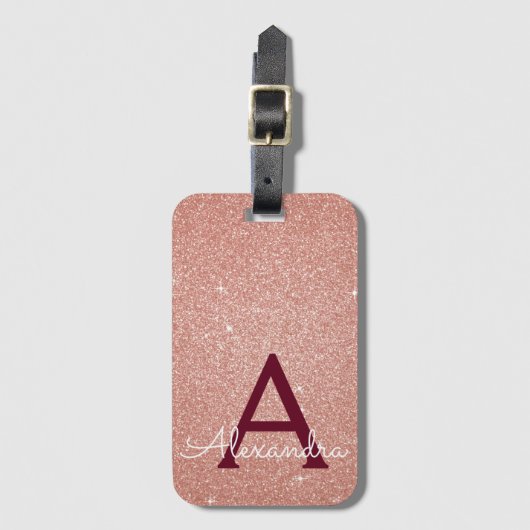 Rose Gold Burgundy Sparkle Glitzer Monogram Gepäckanhänger (Vorderseite Vertikal)