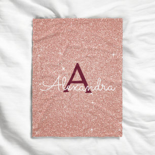 Rose Gold Burgundy Sparkle Glitzer Monogram Name Fleecedecke