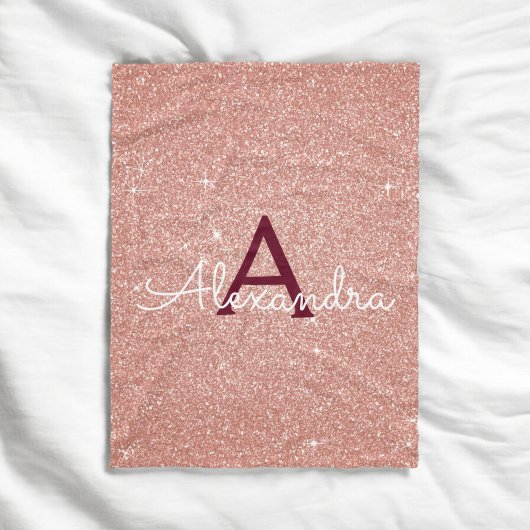 Rose Gold Burgundy Sparkle Glitzer Monogram Name Fleecedecke