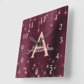 Rose Gold Burgundy Sparkle Monogram Name & Initial Quadratische Wanduhr (Winkel)