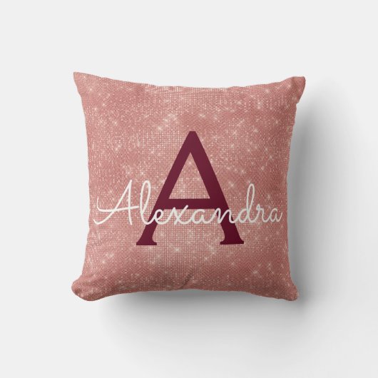 Rose Gold Burgundy Sparkle Monogram Name Kissen (Vorderseite)