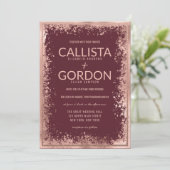 Rose Gold Burgundy Spritzer Glitzer Border Wedding Einladung (Stehend Vorderseite)