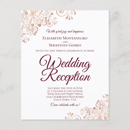 Rose Gold Burgundy Wedding Reception BUDGET Einlad (Vorderseite)