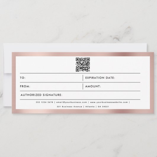 Rose Gold Business Logo QR Code Geschenkgutschein (Vorderseite)