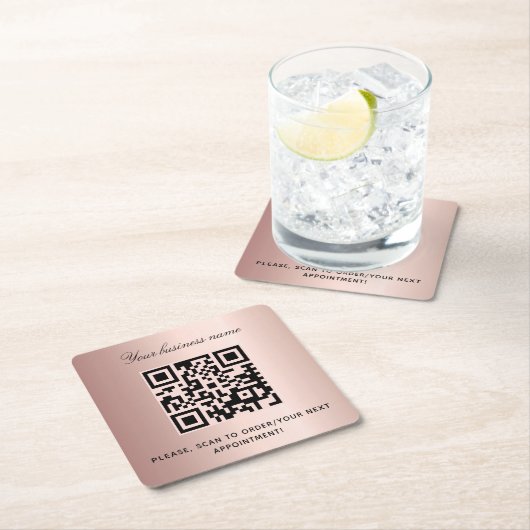 Rose Gold Business Salon Name qr Code Rechteckiger Pappuntersetzer (Vor Ort)