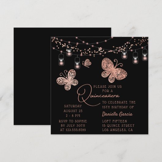 Rose Gold Butterfly Chic Moderne Quinceñera Einladung (Vorne/Hinten)