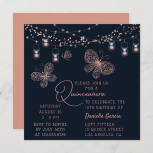 Rose Gold Butterfly Chic Moderne Quinceñera Einladung