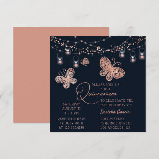 Rose Gold Butterfly Chic Moderne Quinceñera Einladung