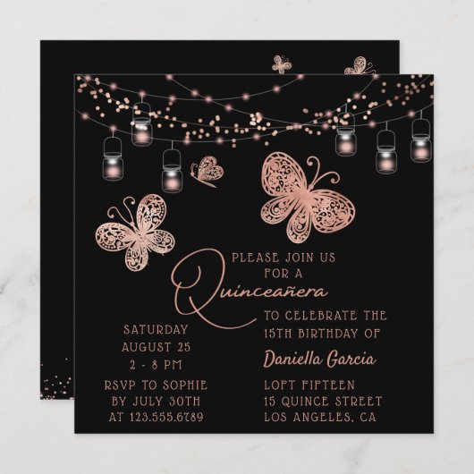 Rose Gold Butterfly Chic Moderne Quinceñera Einladung (Vorne/Hinten)