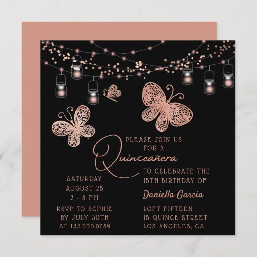 Rose Gold Butterfly Chic Moderne Quinceñera Einladung (Vorne/Hinten)