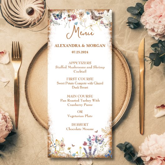 Rose Gold Butterfly Garden Flat Menu Menükarte