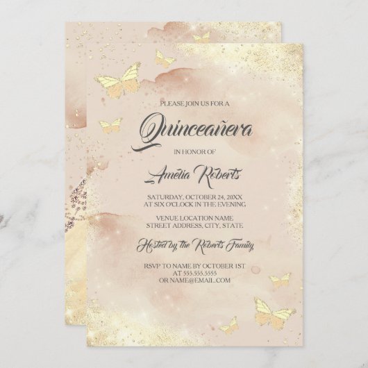 Rose Gold Butterfly Kleid Quinceanera Einladung (Vorne/Hinten)